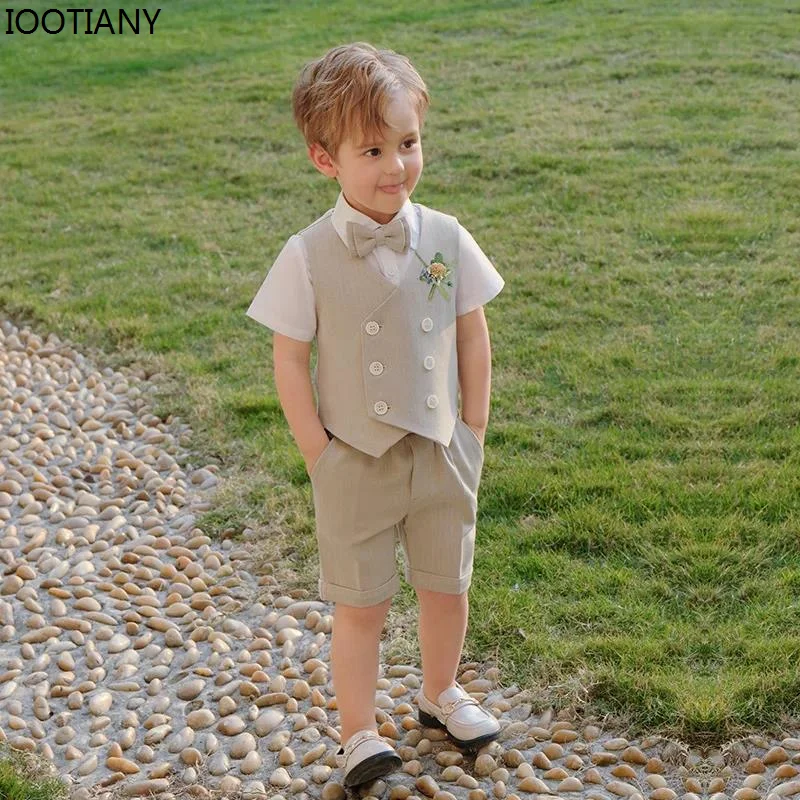 2024 Children's Summer Vest Suits Set Korean Boys Waistcost Shorts Bowtie Flower Costumes Baby Kids Wedding Birthday Party Dress