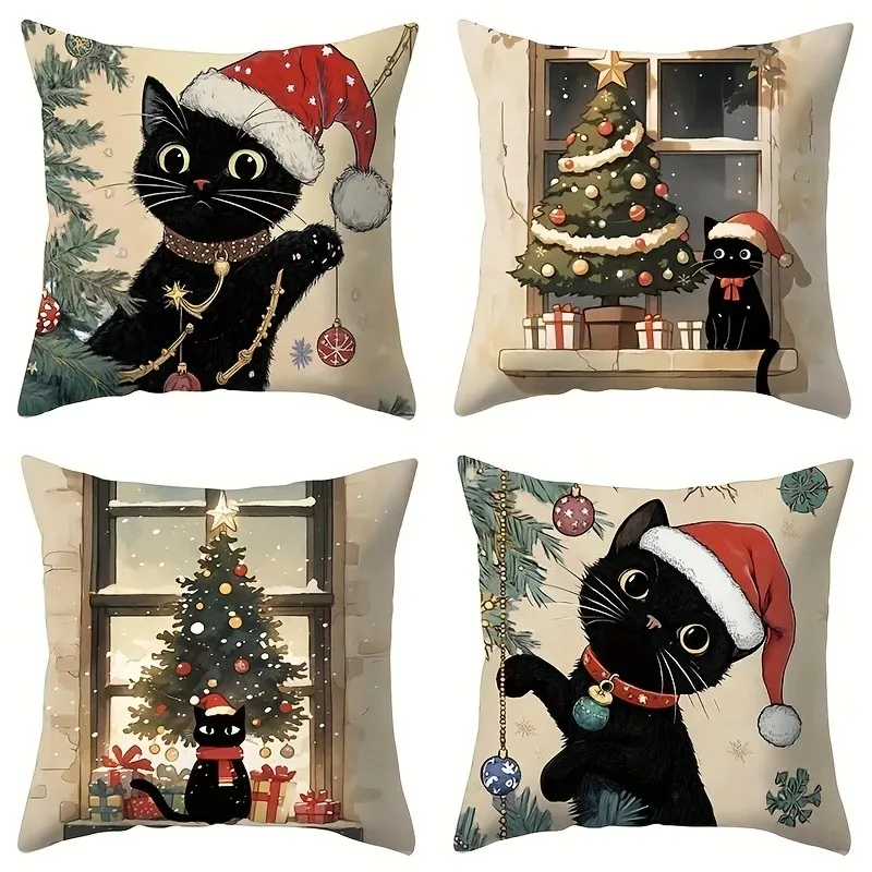 1 Stück bezaubernde Weihnachts-Kissenbezüge mit schwarzer Katze: festliche Dekoration für Ihr Zuhause, Sofa, Zimmer, Kissenbezug, Heimdekoration, Neujahrsgeschenk