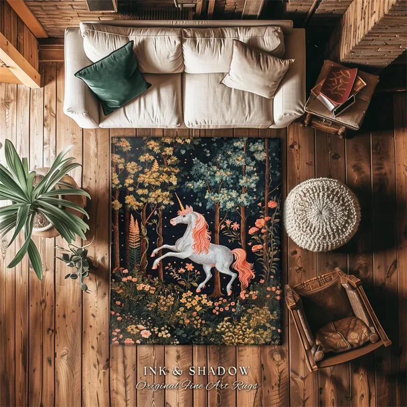 Mystical Woodland Unicorn Rug Fairycore Decoration Romantic Aesthetic Enchanted Forest Renaissance Design Medieval Gothic Rug