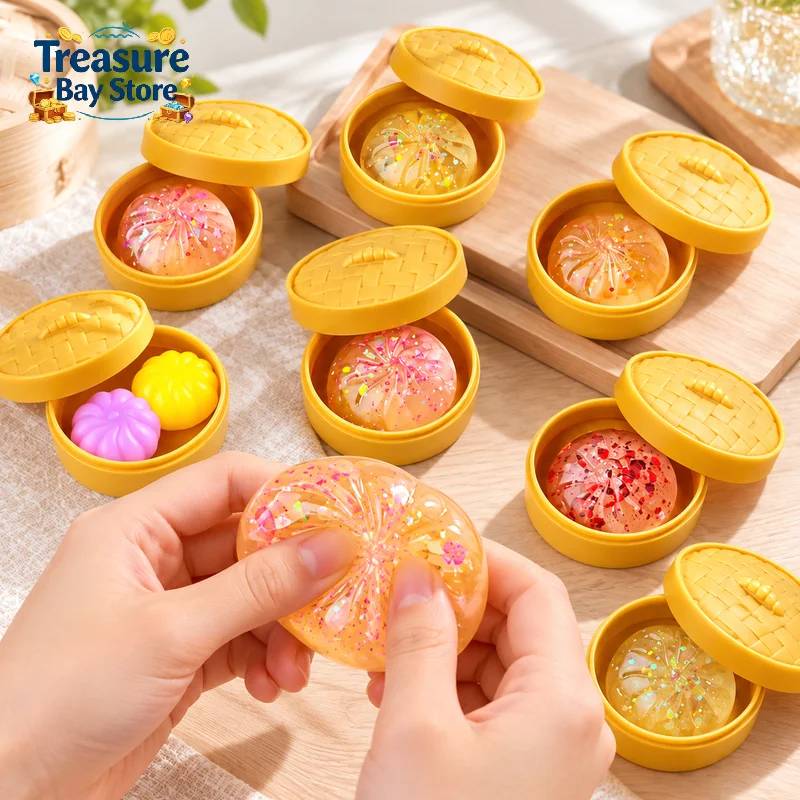 Soft Cute Mini Dumplings & Crystal Bun Squeeze Toy, Food Shaped Pinch Fidget Sensory Toy, Party Favors