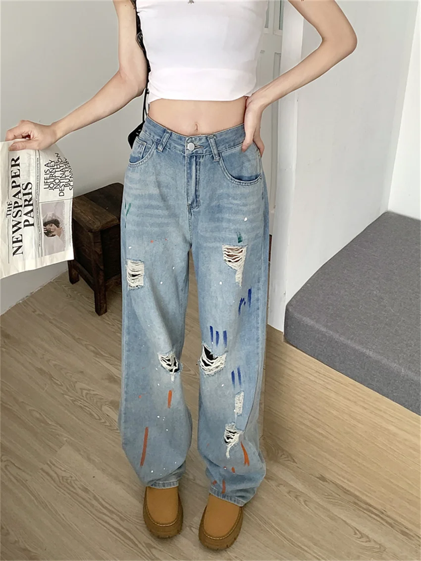 PLAMTEE Loose Jeans Women Wide Leg Summer Slim Hole High Street 2023 Mujer Vintage Work Wear Casual Denim All Match Daily