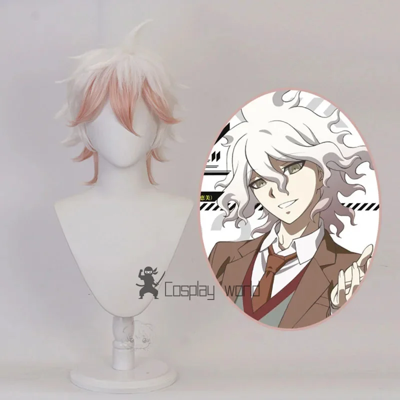 Pelucas de Cosplay de Anime Nagito Komaeda, pelo sintético corto de 35cm de Color rosa y blanco para fiesta, pelo sintético resistente al calor + gorro de peluca