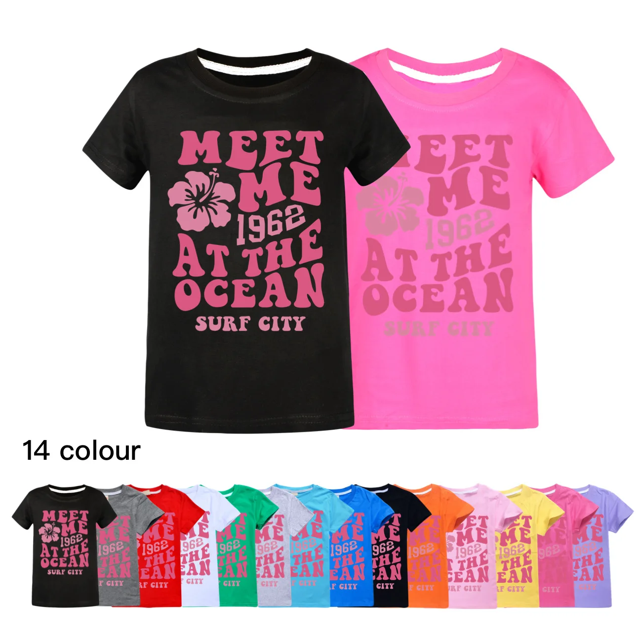 Meet Me 1962 At The Ocean Surf City Boys Graphic Tee Kids Summer Boy Fashion Short Sleeve T-Shirt Girls Tops Child Pullover