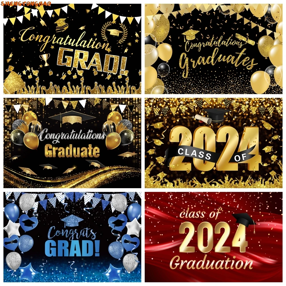 ขอแสดงความยินดี Grad การถ่ายภาพฉากหลังทอง Glitter บอลลูนหมวก Graduation Class 2024 Party Photocall ภาพพื้นหลัง