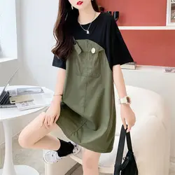 Street Casual Patchwork Short Sleeve T Shirt Dress Summer New Contrast Loose Youth Korean Tops Vintage Fashion Women Clothing