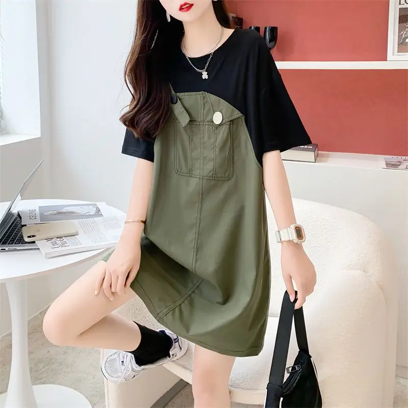 Street Casual Patchwork Short Sleeve T Shirt Dress Summer New Contrast Loose Youth Korean Tops Vintage Fashion Women Clothing