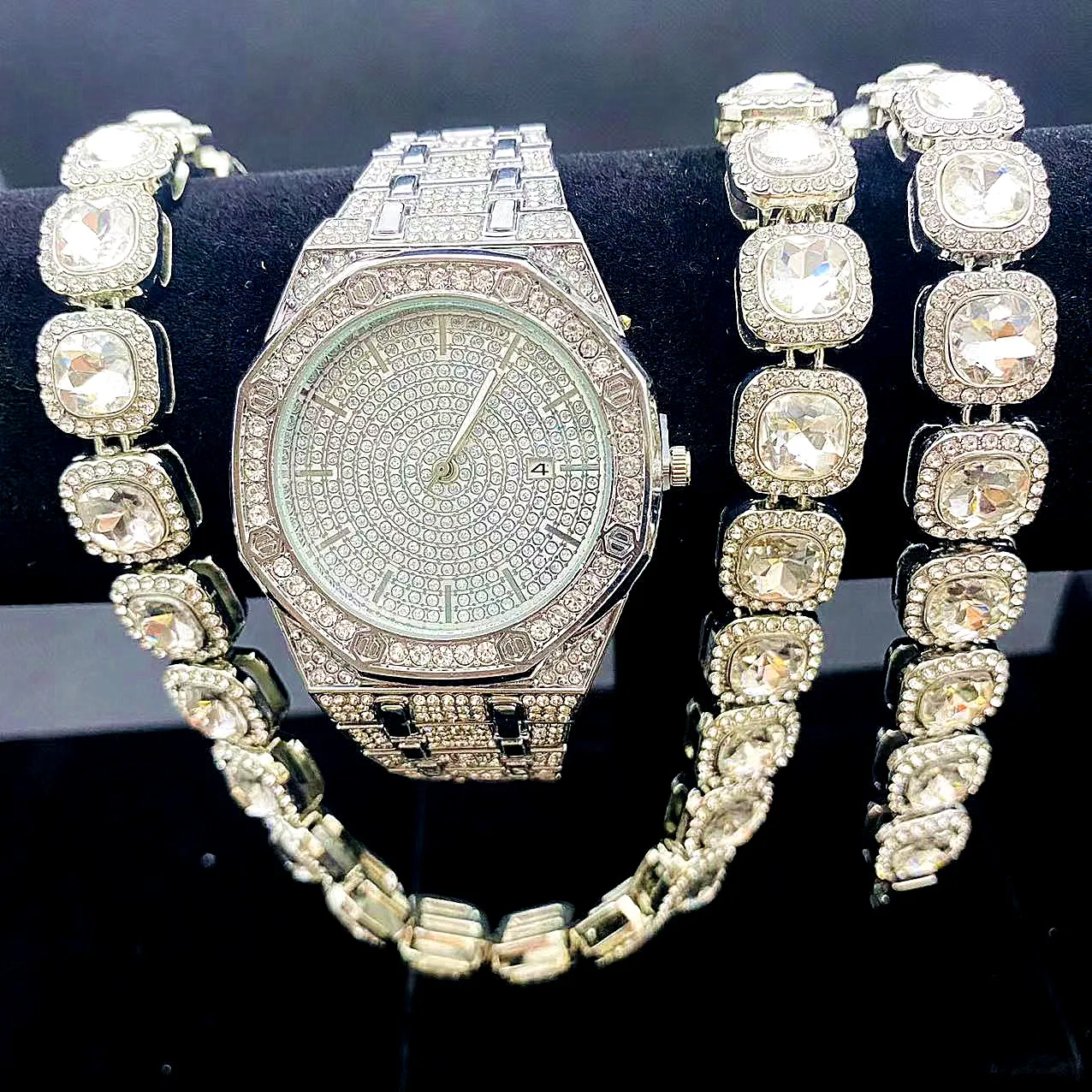 3PCS Iced Out Cuban Tennis Chains Necklace Watches Quartz Women Men's Silver Color Bracelet Set Hip Hop Clock Jewelry Gifts