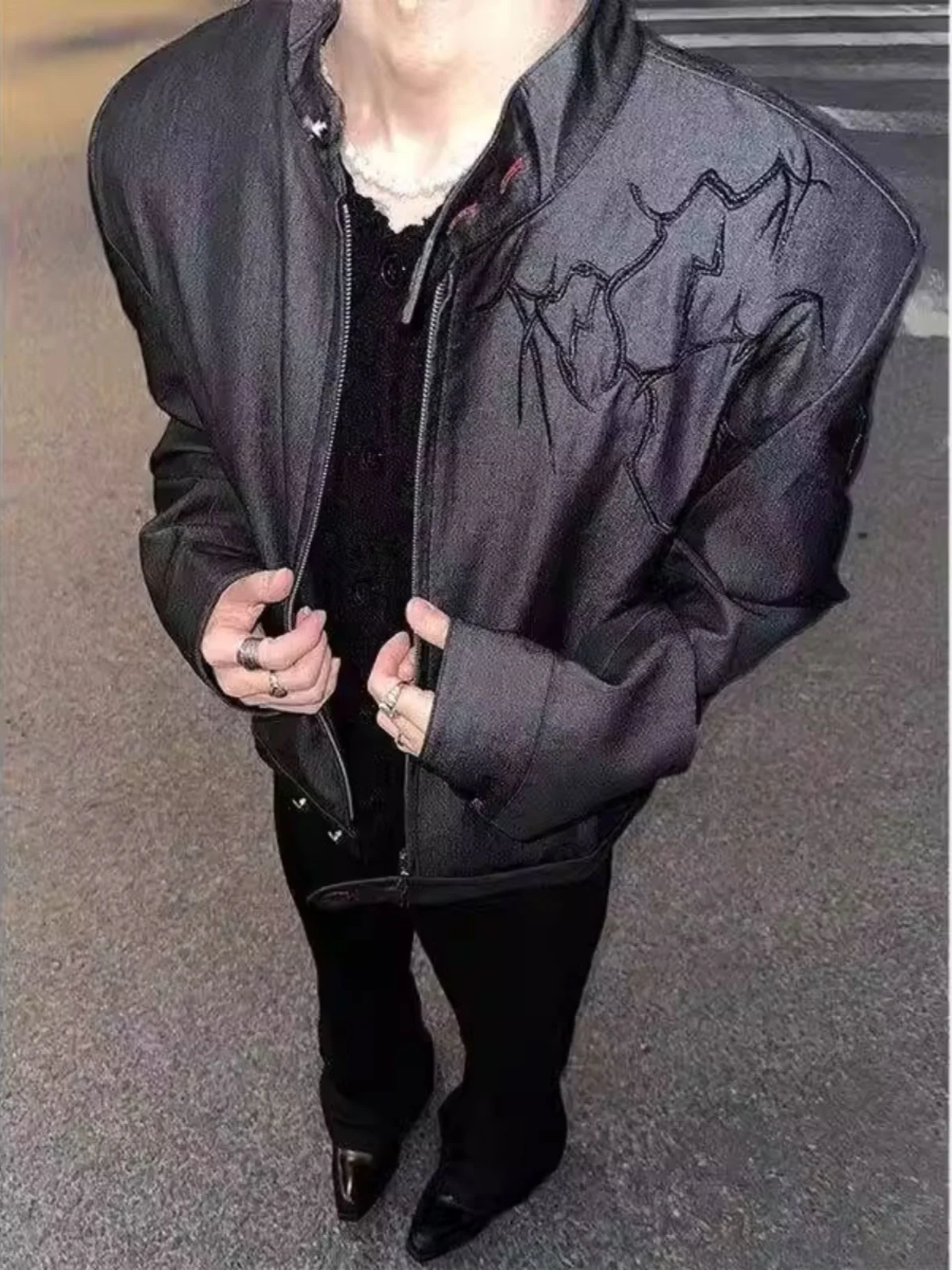 

Bla Thorn Embroidery Pilot Jaet Men's Spring Autumn ort Workwear Coat Loose Fit Zipper Decoration American Sle Youth ...