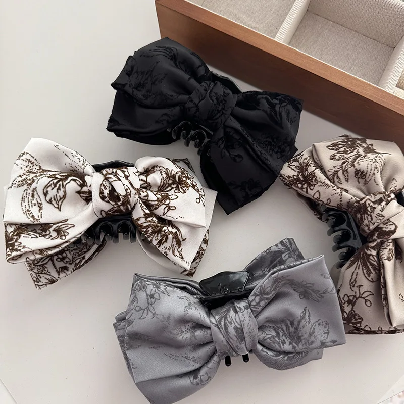 French Retro Fabric Satin Velvet Print Bow Ribbon Ponytail Grip Elegant Hair Clip Hair Accessories New Hair Claws  Headwear