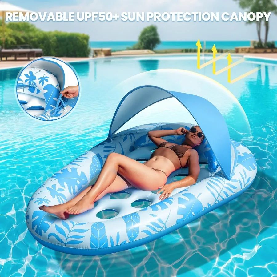 Iatable Pool Floats Adult 3in1 Pool Float Lounger with Canopy and Cup Holder XL Floating Pool Floaty Raft for Swimming Pool Lak