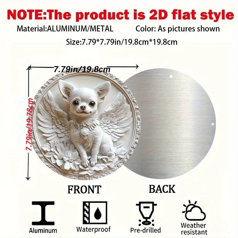 Round Metal Tin Sign 2D Flat 1pc 20x20cm Angel Chihuahua Dog With Wings Pattern Circular Pet Lover Wall Decor