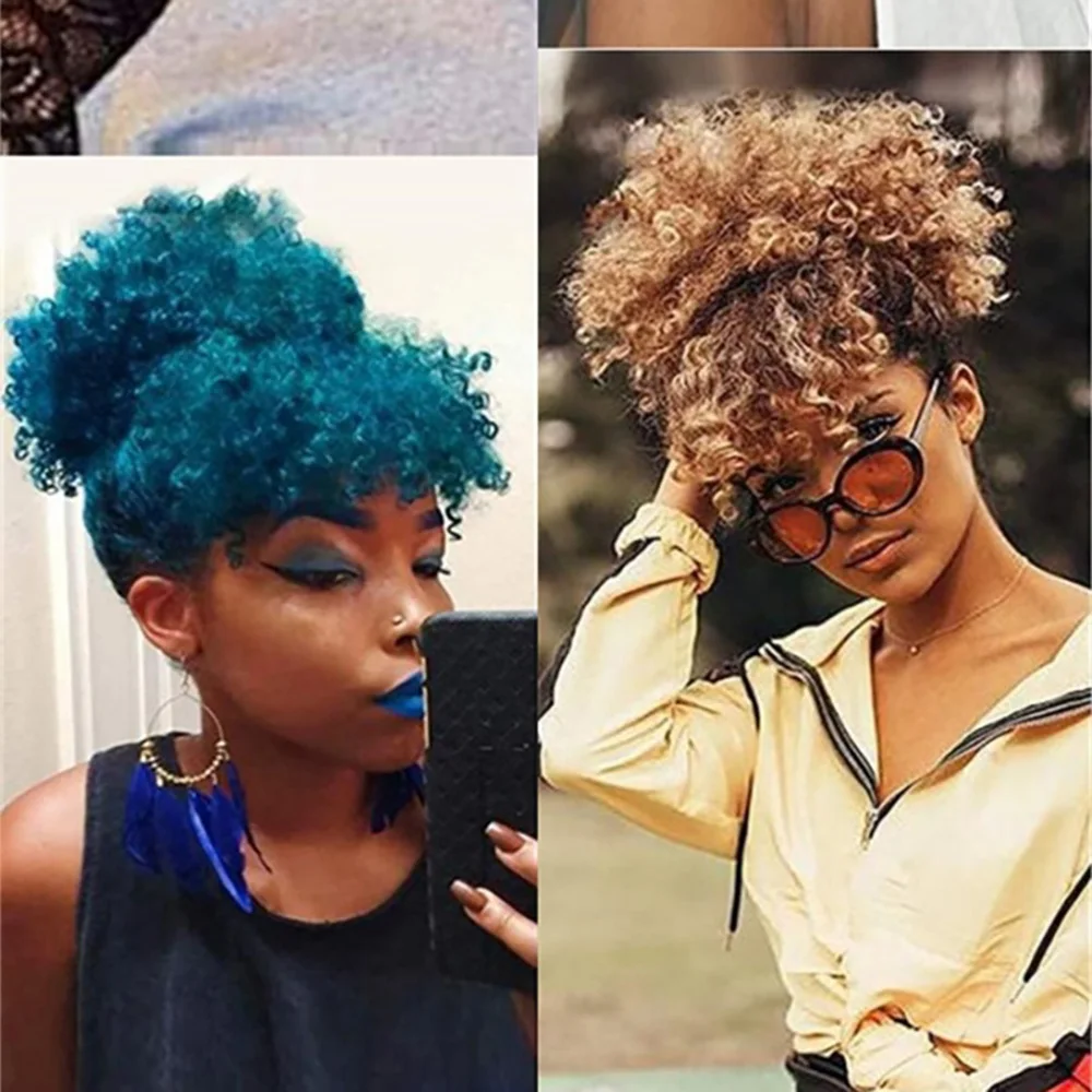 วิกผมทรงแอฟริกันแบบพันหัวพร้อมหน้าม้า ติดกิ๊บแบบ Afro Puff ผมสั้นหยิกฟูแบบสังเคราะห์ ต่อผมหางม้า