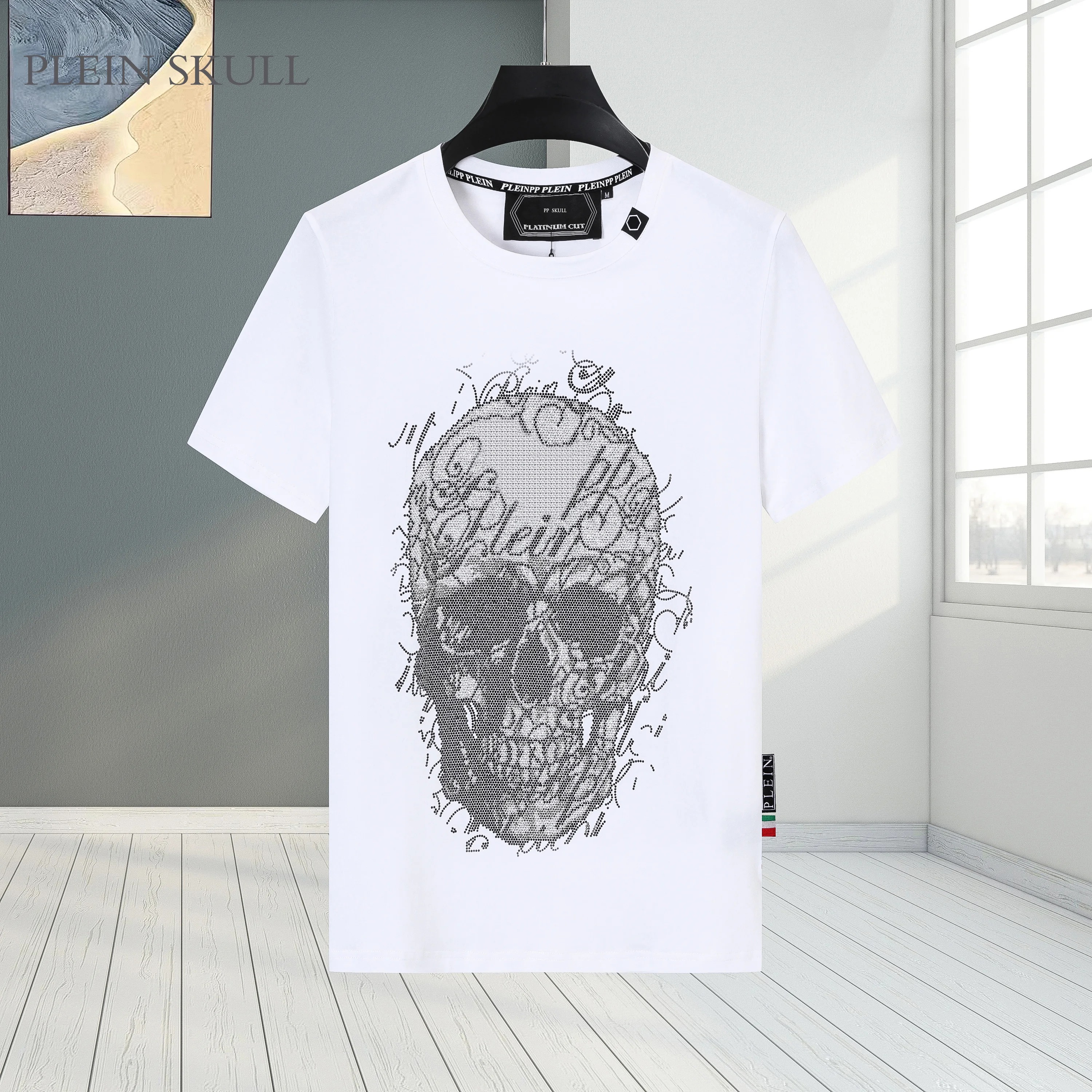 

PLEIN SKULL Лето PP с коротким рукавом Новая сверхмощная футболка с горячим тиснением и черепом Модная мужская персонализированная повседневная футболка с круглым вырезом для похудения