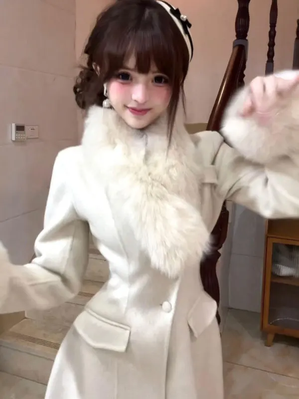 

Korean Sle Faionable Slim Fit Woolen Coat Ele Waist-Cinching Long Sve Casual Home Daily Wear Soft Comfortable