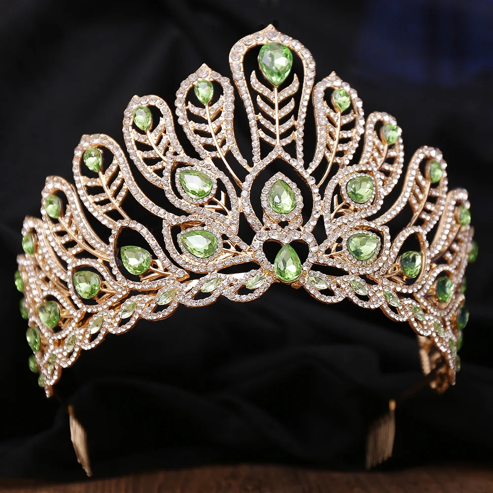 Luxury Royal Queen Rhinestone Wedding Crown Combs for Women Green Crystal Banquet Tiaras Party Costume Hair Jewelry Accessories