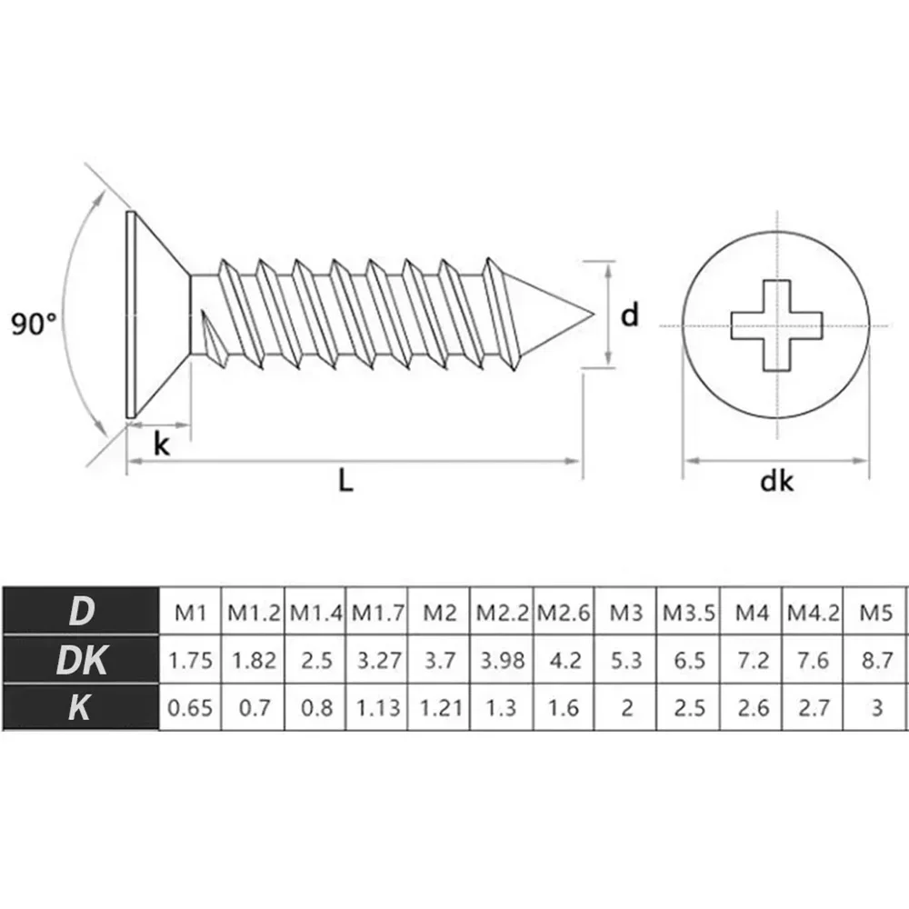 100 unids/lote tornillo autorroscante de cabeza plana avellanada cruzada de acero al carbono Phillips negro M1 M1.2 M1.4 M1.5 M2 M2.6 M3 M3.5 M4 M5
