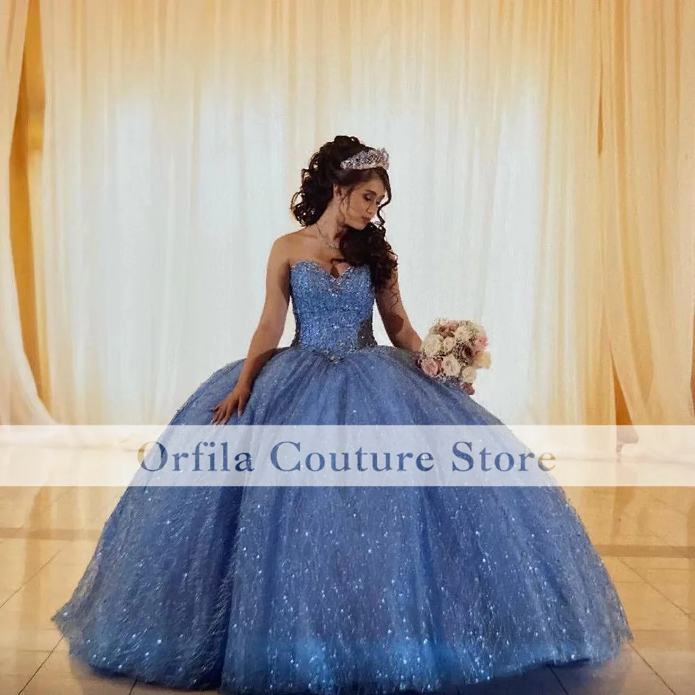 Romantic Blue Sparkly Quinceanera Dresses Beading Sweet 15 16 Years Old Girl Princess Prom Gowns