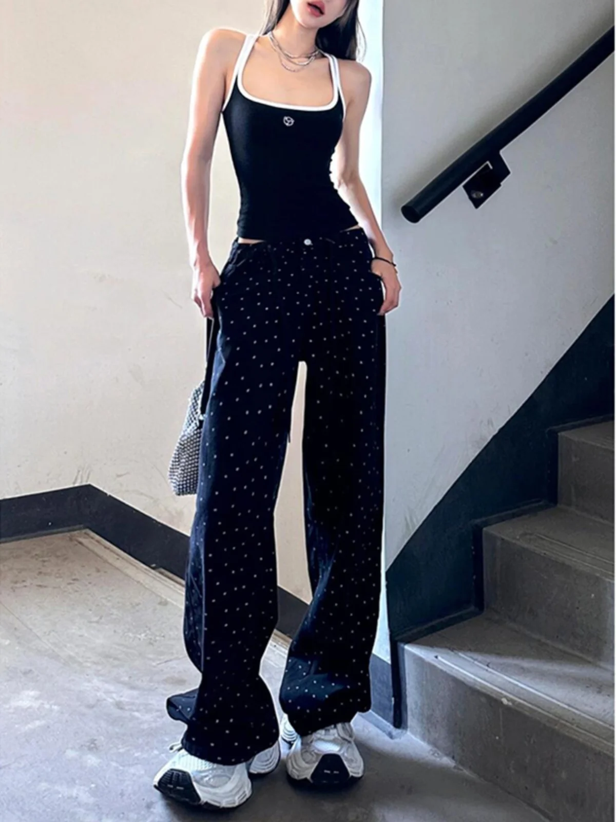 

High Waist Wide Leg Bla Polka Dot Denim Jeans Women's Summer New Dstring Design Floor-Length Pants for Taller Women