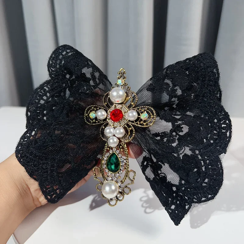 

Vintage Court Style Bow Tie Shirt Accessories Halloween Cross Women's Oversized Black Lace Rhinestone Pearl Brooch Collar Flower