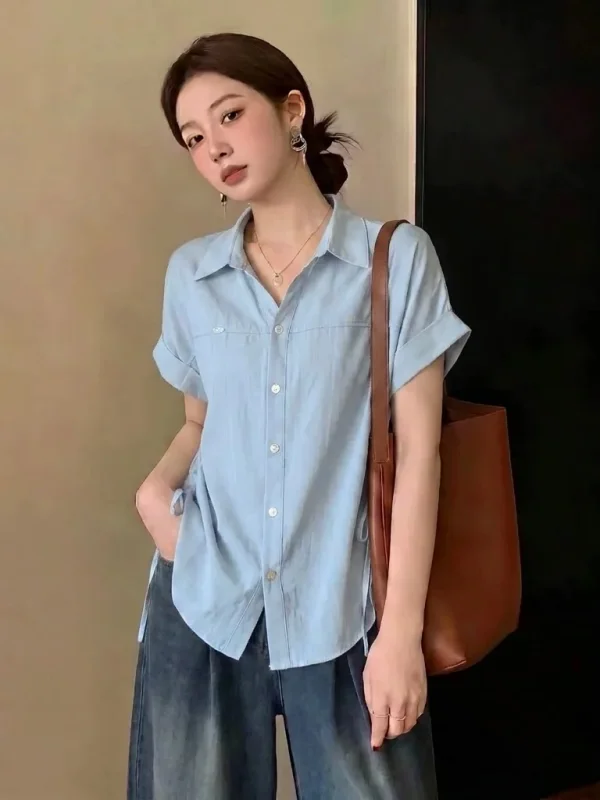 

Light Blue Short Sleeve Drawstring Shoulder Shirt Women's Summer New Style plus Size Loose Fit Korean Style Commute Shirt