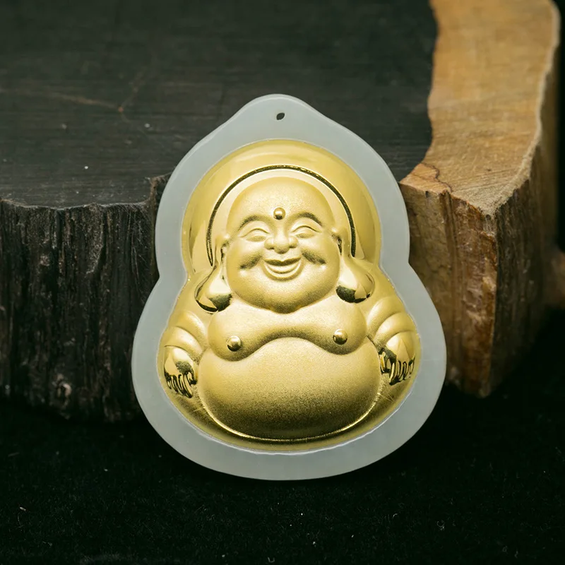 Hetian Gold-Inlaid Maitreya Men And Women, Laughing Buddha Jade Pendant