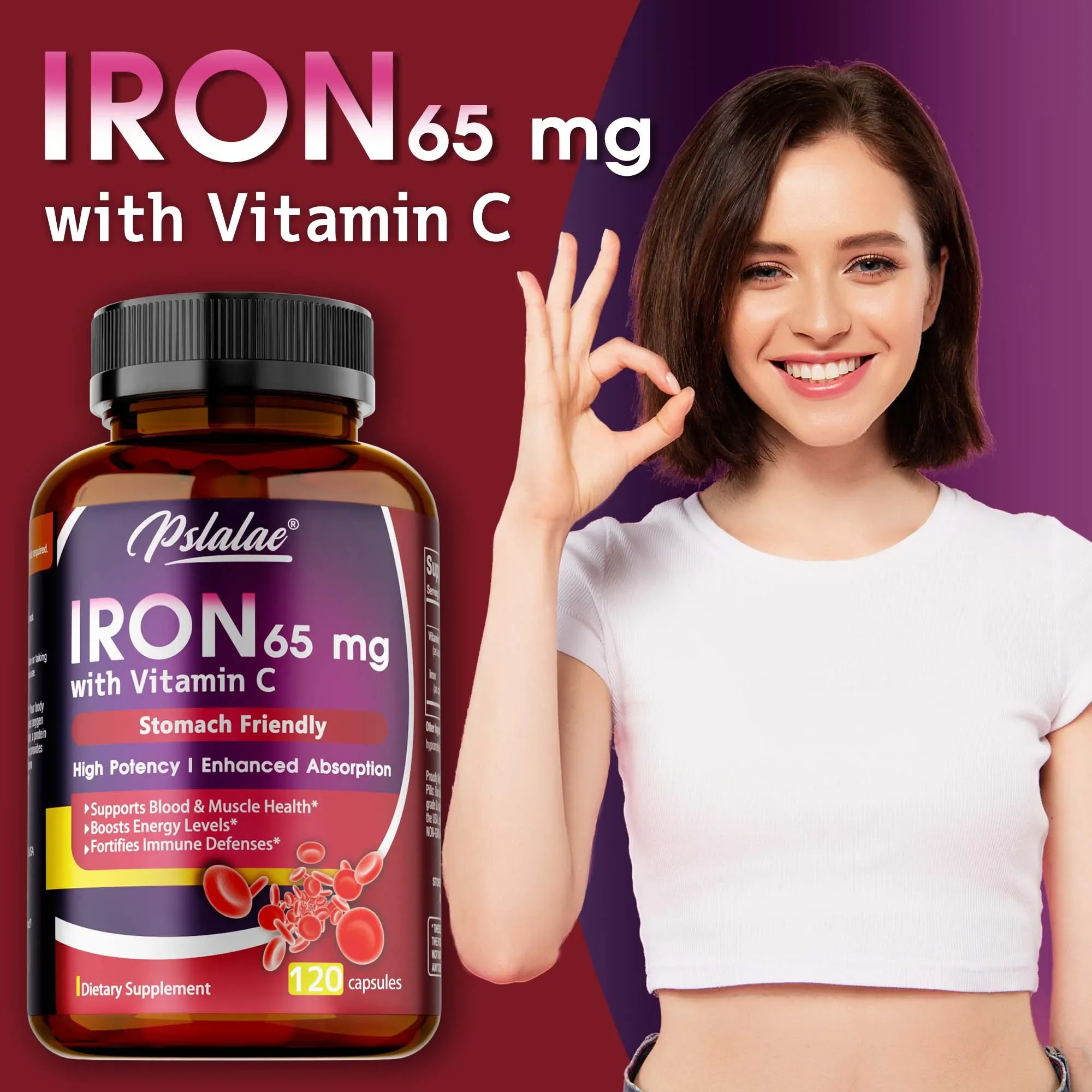 مكمل حديد 65 ملجم مع فيتامين C - يزيد من الامتصاص، ويزيد من الطاقة، ويحافظ على جهاز المناعة الصحي وصحة الدماغ