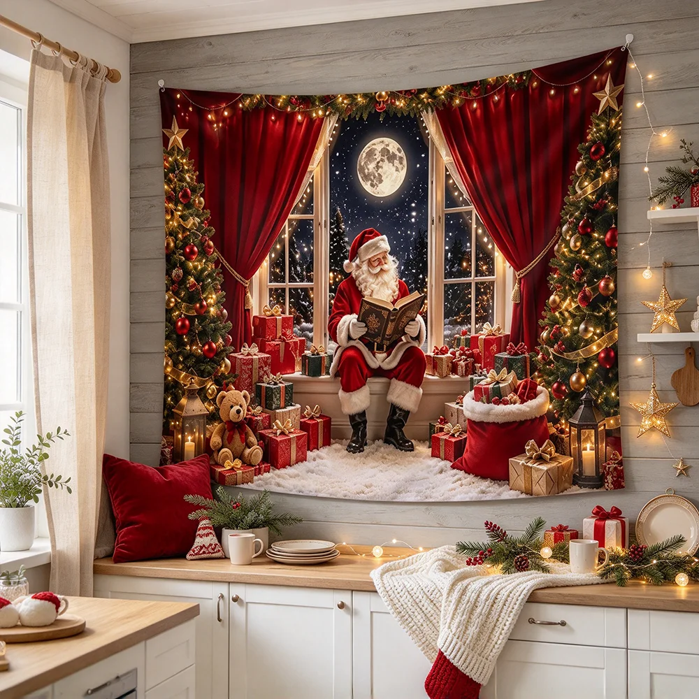 1PCS Tapestry, Santa Reading Book Moon Red Curtains Gifts Scene, Holiday Christmas Party Decoration for Home Studio Wall