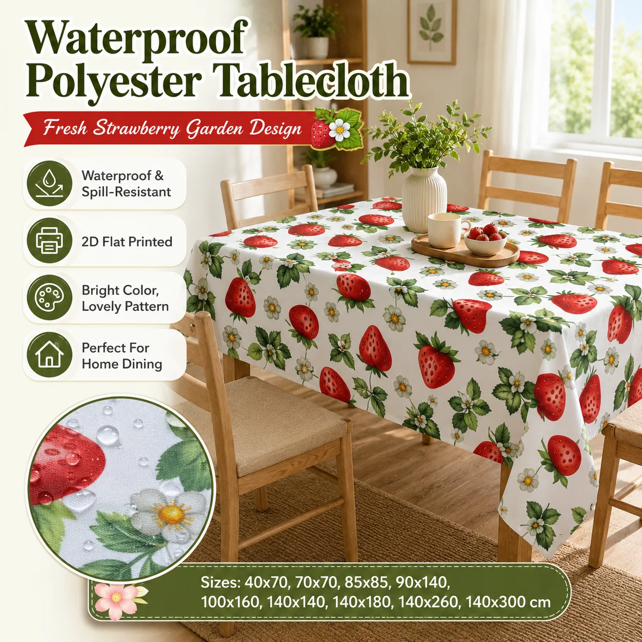 

Fresh Strawberry Floral Tablecloth Waterproof Polyester 2D Flat Printed Table Cover For Outdoor Picnic Party Spring Home Decor