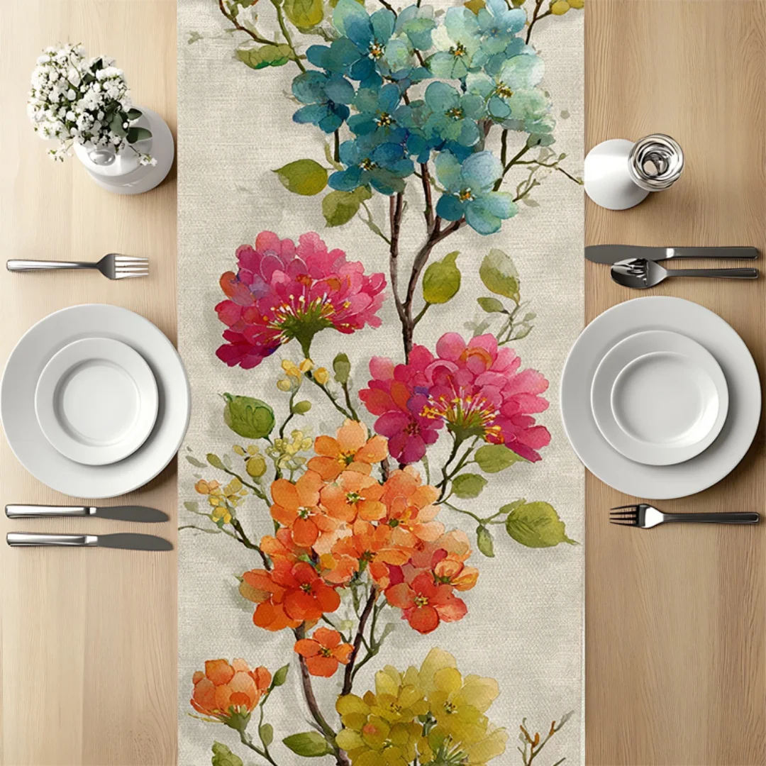 1 chemin de table imprimé de fleurs sauvages en aquarelle, idéal pour la table à manger, le buffet, la commode et la décoration de salon.