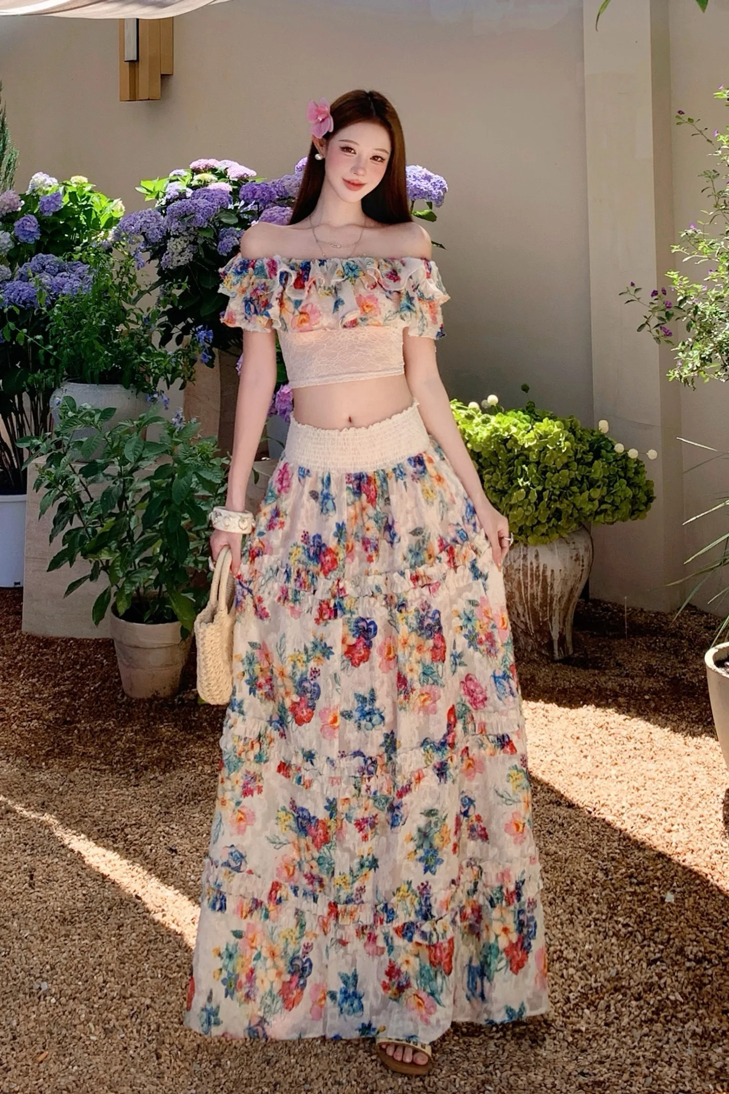 Beach Vacation Outfits French Style Floral Off-Shoulder Lace Tops and Maxi Long Skirt Two-Piece Set for Women