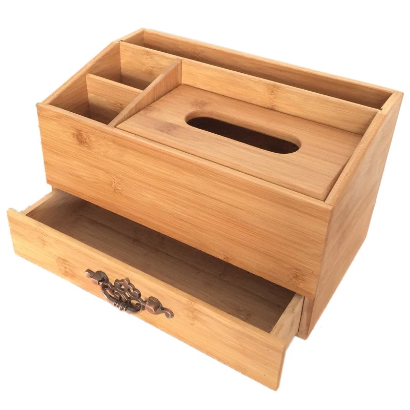 

Bamboo Wood Desktop Multifunctional Tissue Box Creative Drawer Style Remote Control Storage Organizing Box