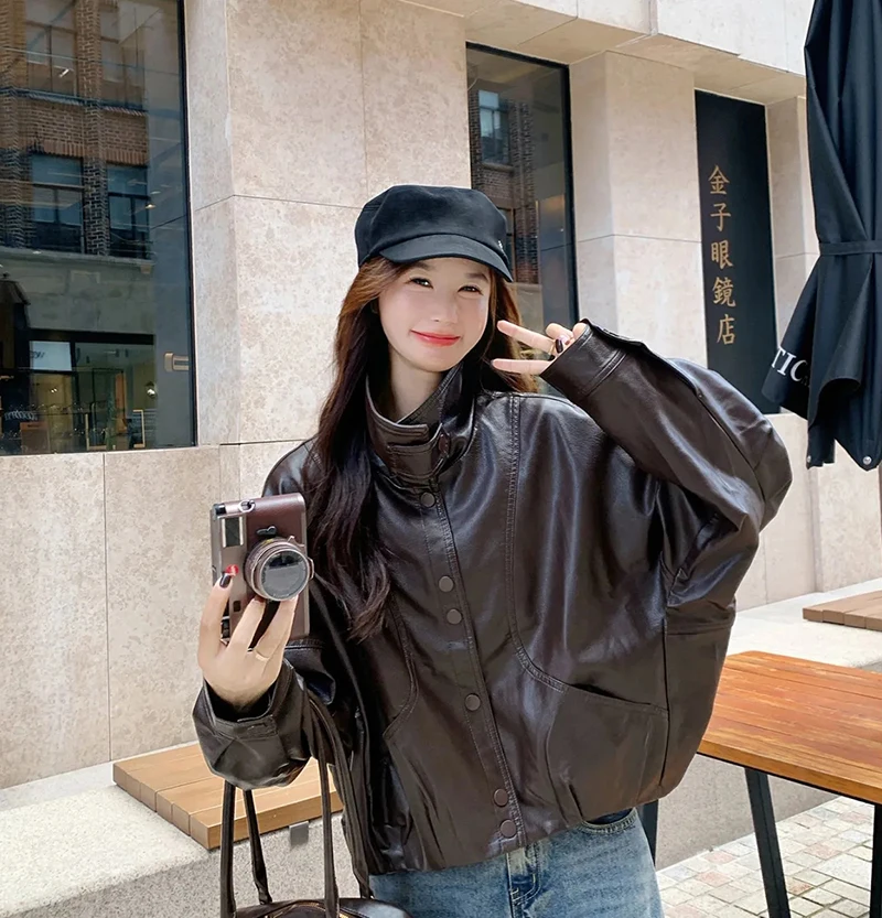 Women Faux Leather Jacket Stand Collar Snap Button Coat Oversized Drop Shoulder Bomber Y2K Retro Streetwear Autumn Outerwear Top