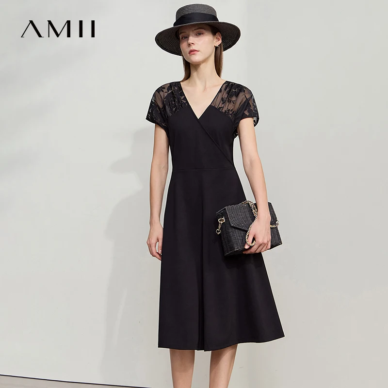 

Amii Minimalist Casual Dress Women 2025 Summer New Office Lady Sleeveless Solid V-Neck Slim Waist A Line Lace Dresses 12542261