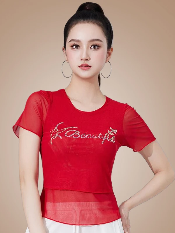 Women's Square Dance Sporty Short Sleeve T-Shirt Mesh Layered Net Diamond Cotton Top for Dancing Performance Fitness Gym