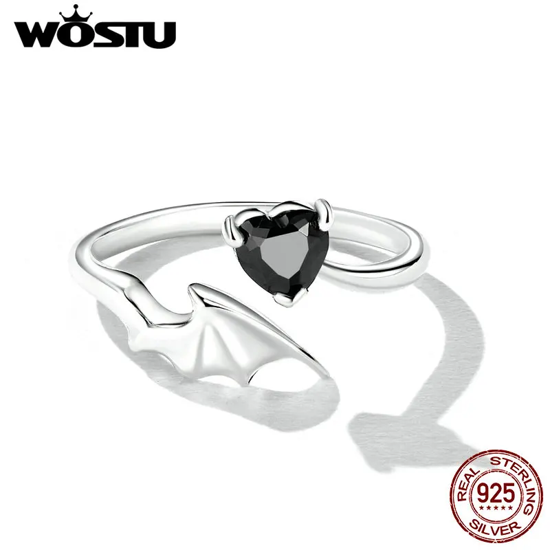 WOSTU 100% 925 Sterling Silver Retro Devil Wing Open Ring For Women Exquisite Black Heart Zircon Ring Fine Anniversary Jewelry