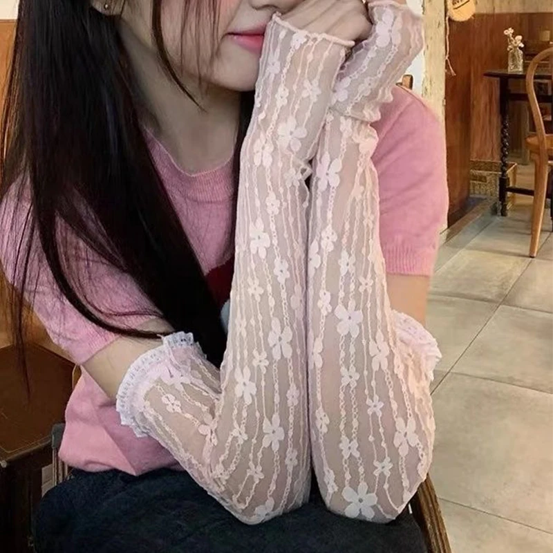 Summer Long Fingerless Gloves Women Sun Protection Sleeves Gloves Lady Thin Lace Mesh Arm Sleeve Sunscreen Uv Breathable Mittens