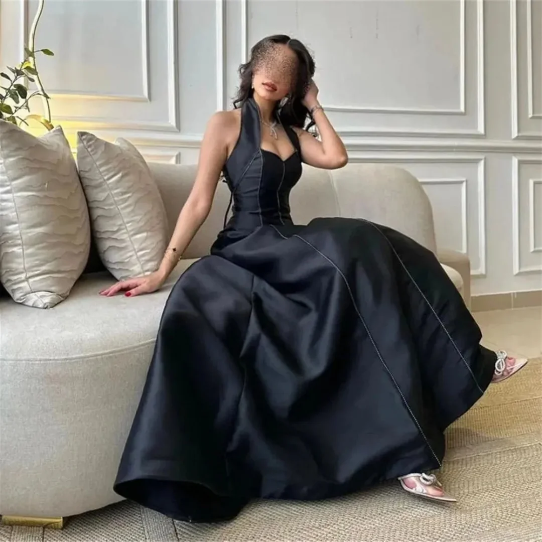 Black ball dress A-line strapless beaded half sleeved satin floor mop elegant evening gown off the shoulder