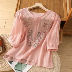 Embroidery Chinese Style Women Blouses Loose Short Sleeves Vintage Top V-neck Clothing Sales Summer Cotton Korean Women's Shirts