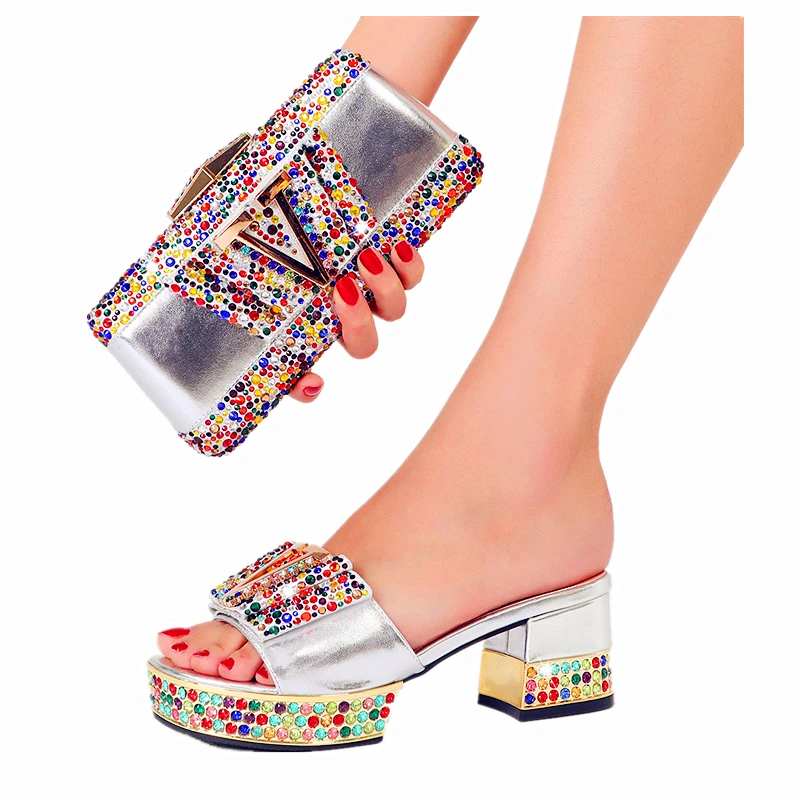 Latest Luxury Rhinestone Bow High Heel Platform Plus Size Slippers Diamond Party Clutch Women\'s Stone Dinner Shoe Bag suit