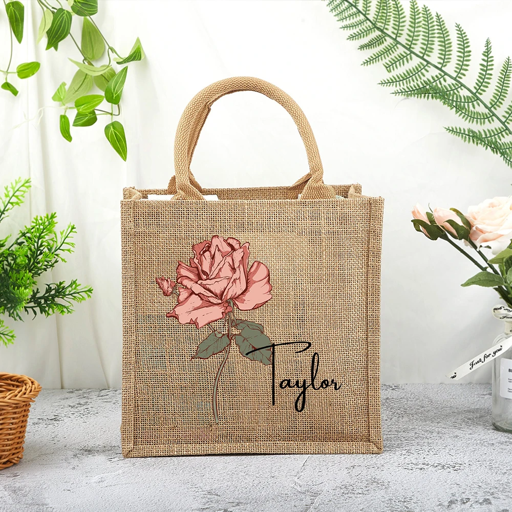 Custom Burlap Tote Bag as Personalised Gift for Women Bridal Shower Small Jute Tote Bag Birth Flower Bridesmaid Proposal Gift