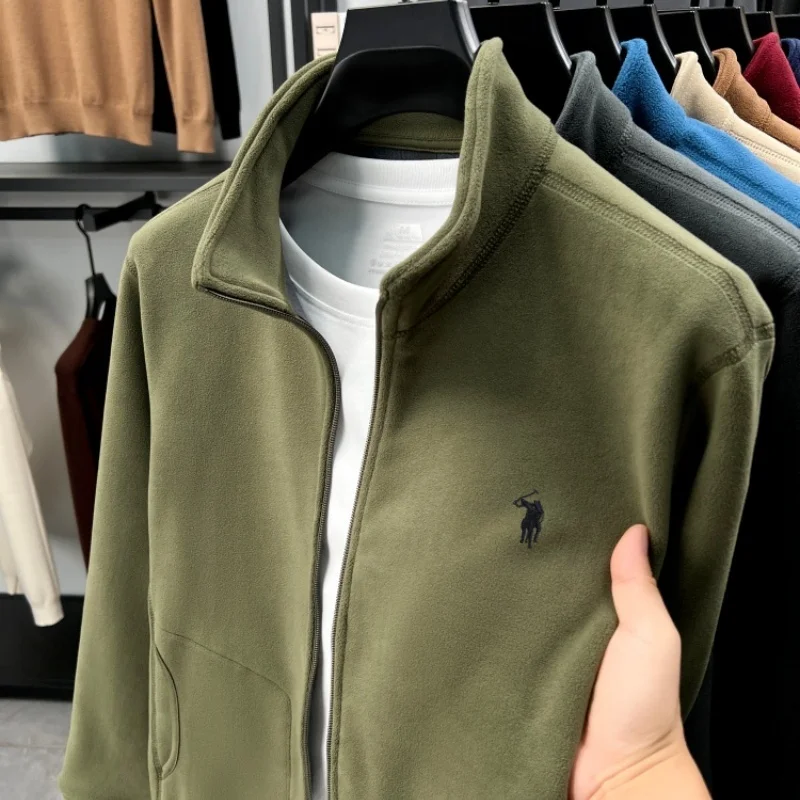 High End Velvet Jacket Men's Zipper Mock Neck Casual Pocket Design Autumn Winter Thick Warm Classic Paul Pony Embroidered Coat