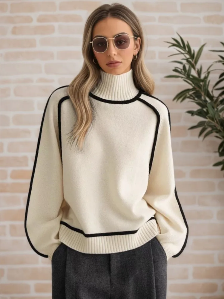 

New Autumn Winter Casual Women Mock Neck Long Sleeve Loose Knitted Sweaters, Thick Warm Basic Pullover Jumper Tops, Streetwear