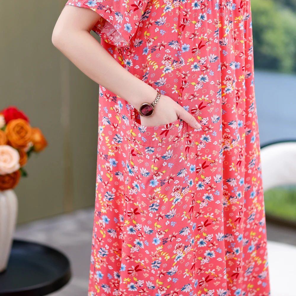 Neue Mode 2024 Sommerkleider für Frauen Vintage lässig Kurzarm O-Ausschnitt Druck lose Blumen kleid Frauen kleider