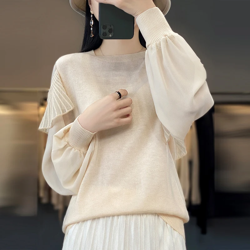 

Spring Autumn Pure Merino Wool Lace Panels Women Sweater O-neck Lazy Style Ruffles Pullover Casual Knit Bottoming Tops