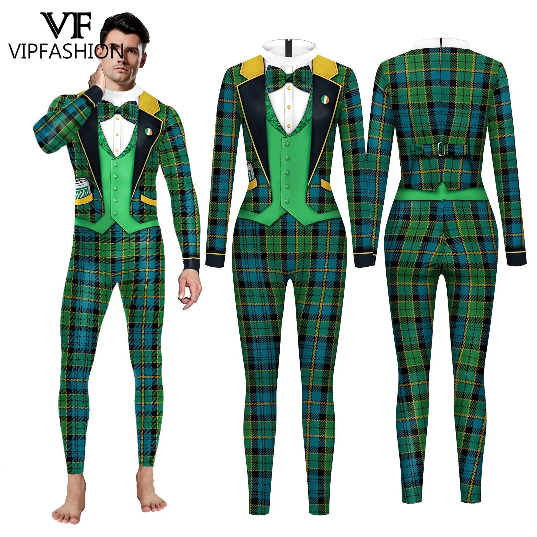 VIP Fashion St. Patrick's Day costume บรารัดรูปพิมพ์ลาย3D jumpsuit ผู้ชายชุดบอดี้สูทสีเขียวโคลเวอร์ zentai