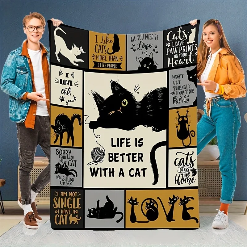 1, bequeme Flanelldecke mit Cartoon-Retro-Katzenmotiv, weich und warm, perfektes Geschenk für Urlaubserinnerungen