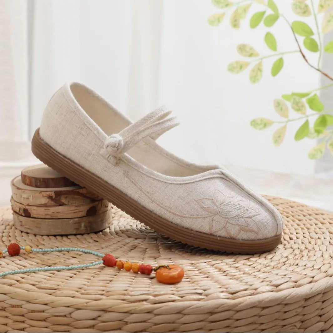 2026 Summer Women's Gray & Beige Breathable Mesh Mary Jane Flats Lotus Embroidery Casual Traditional Shoes Hanfu Shoes Q-168