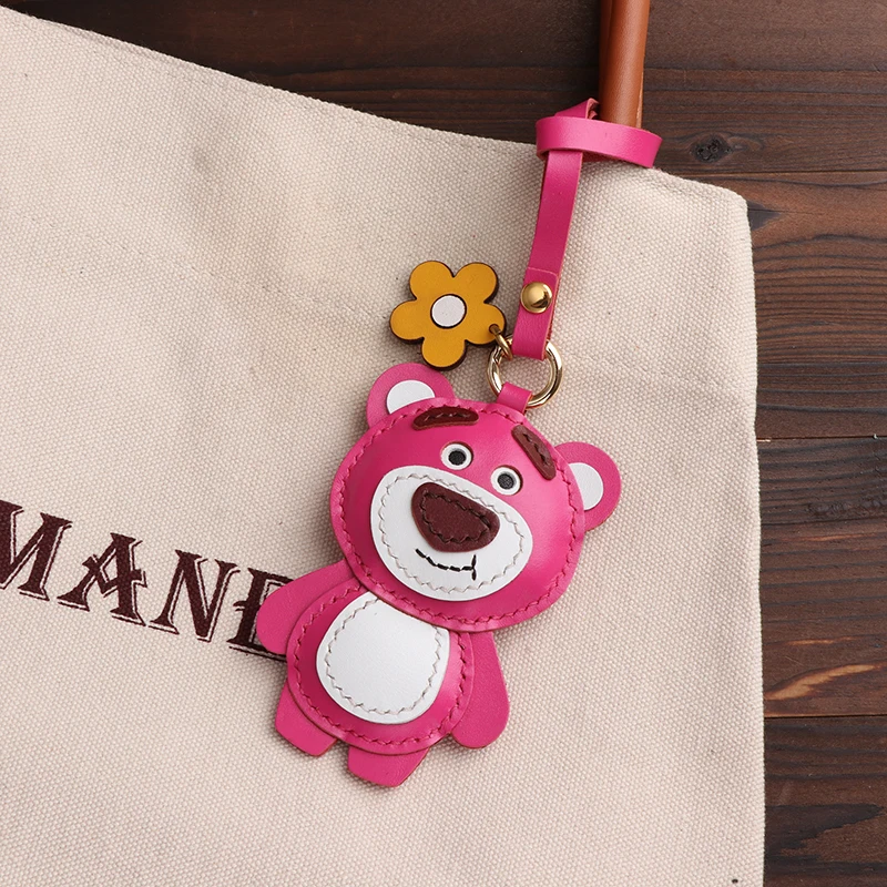 

Disney Strawberry Bear Lotso Leather Keychain Handmade Genuine Leather Keyring Cute Cartoon Gift for Fans