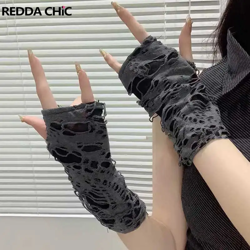 

ReddaChic Rokku Grayu Destroyed Arm Sleeves Women Gray Punk Ripped Holes Fingerless Gloves Wrist Guard Grunge Y2k Streetwear