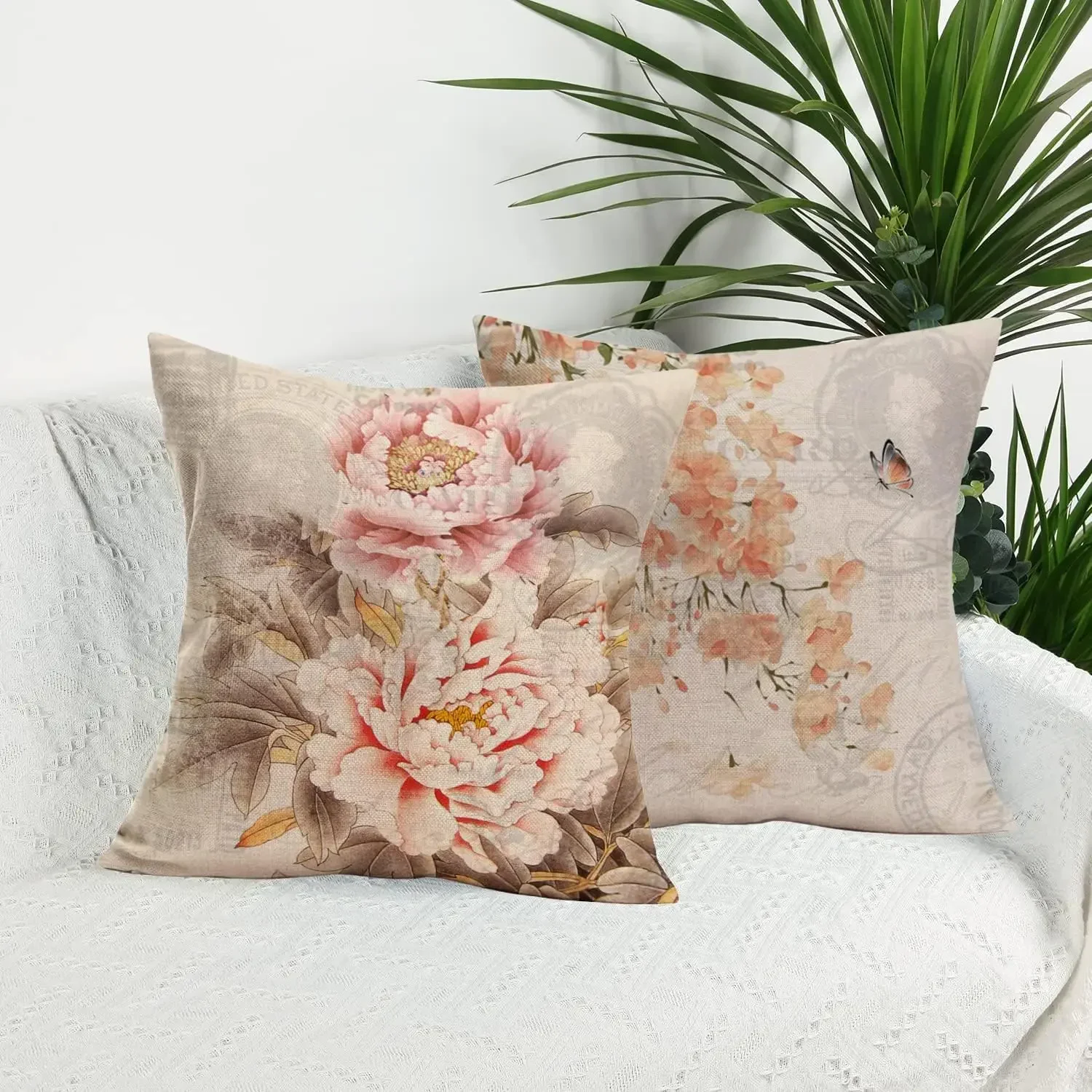 Spring Flower Pillow Cover with Bird Pansy Leaf Tree Plant 45x45cm Pillowcase Linen Home Sofa Decoration Seat Cover